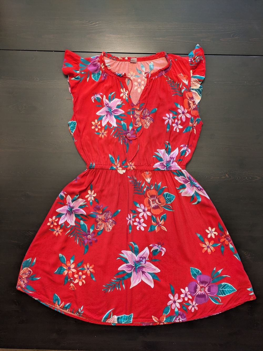 Old Navy Red Floral Flutter-Sleeve Casual Dress Sz M